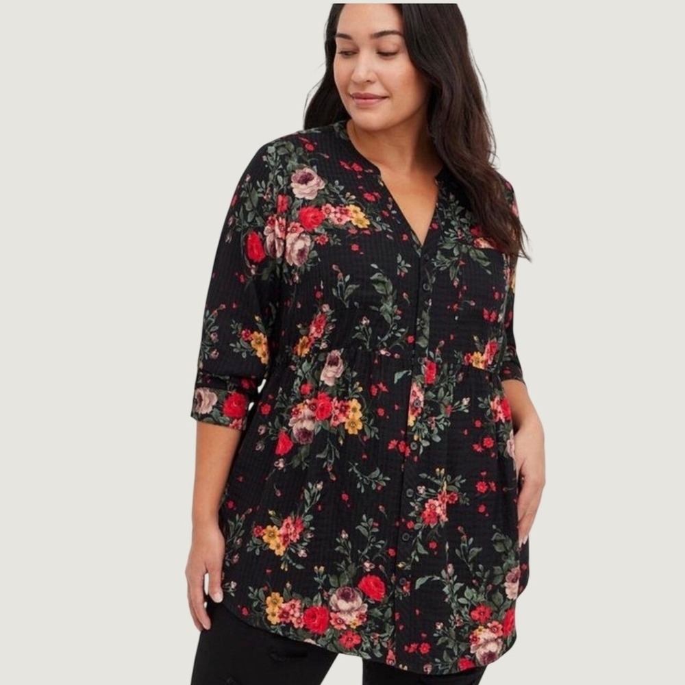 Torrid Black Pink Floral Rayon Babydoll Peplum Blouse Top Plus Sz 1X Fall